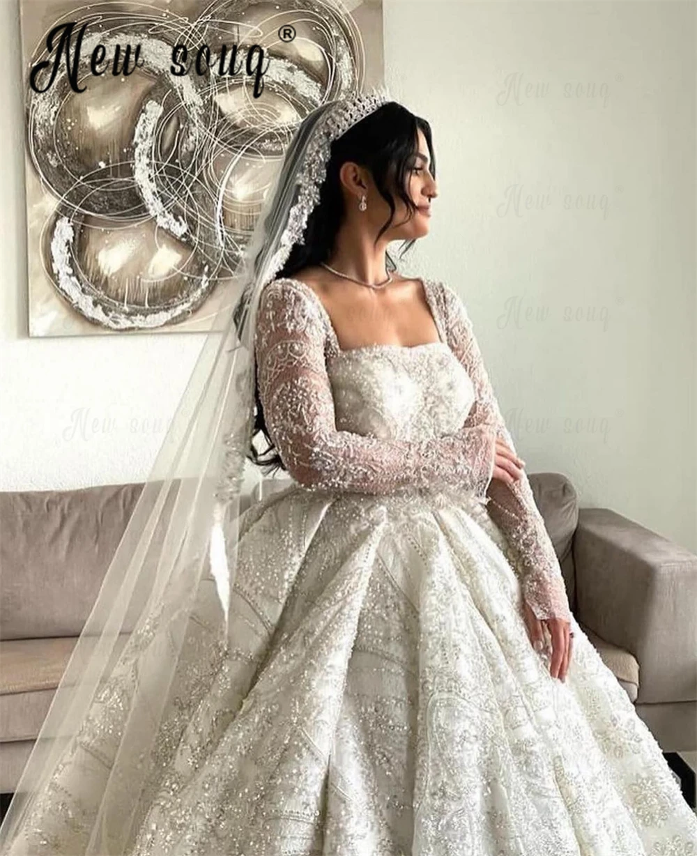 Long Sleeve Lace Appliques Wedding Dress Luxury Beading Ball Gowns Bridal Dresses Plus Size Custom Made For Women Dubai Vestido