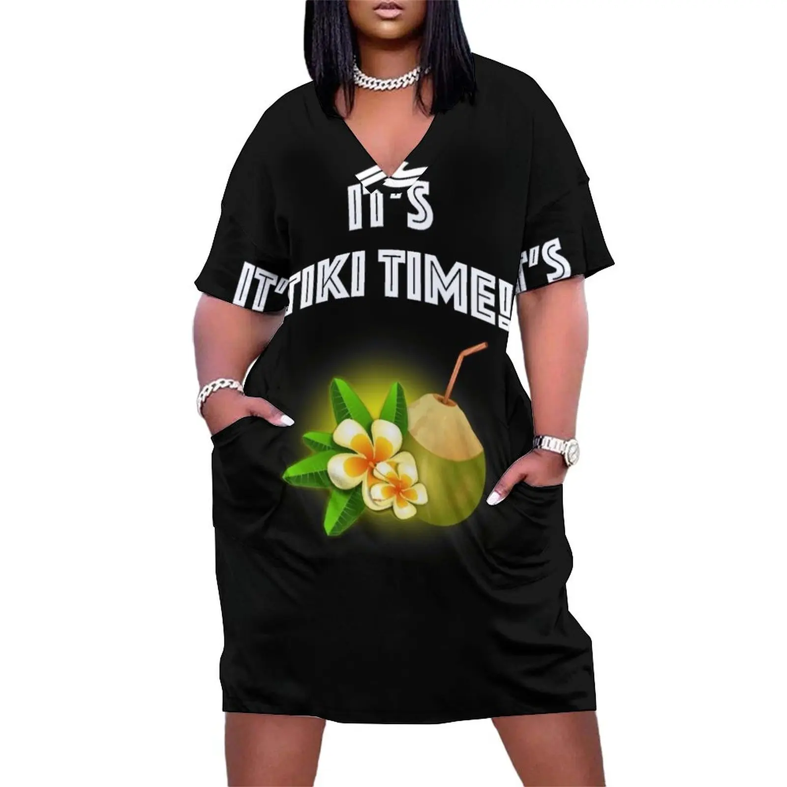 It's Tiki Time! Tropical Island Tiki Bar-Themed Design Loose Pocket Dress Women's summer dress dresses for women 2025