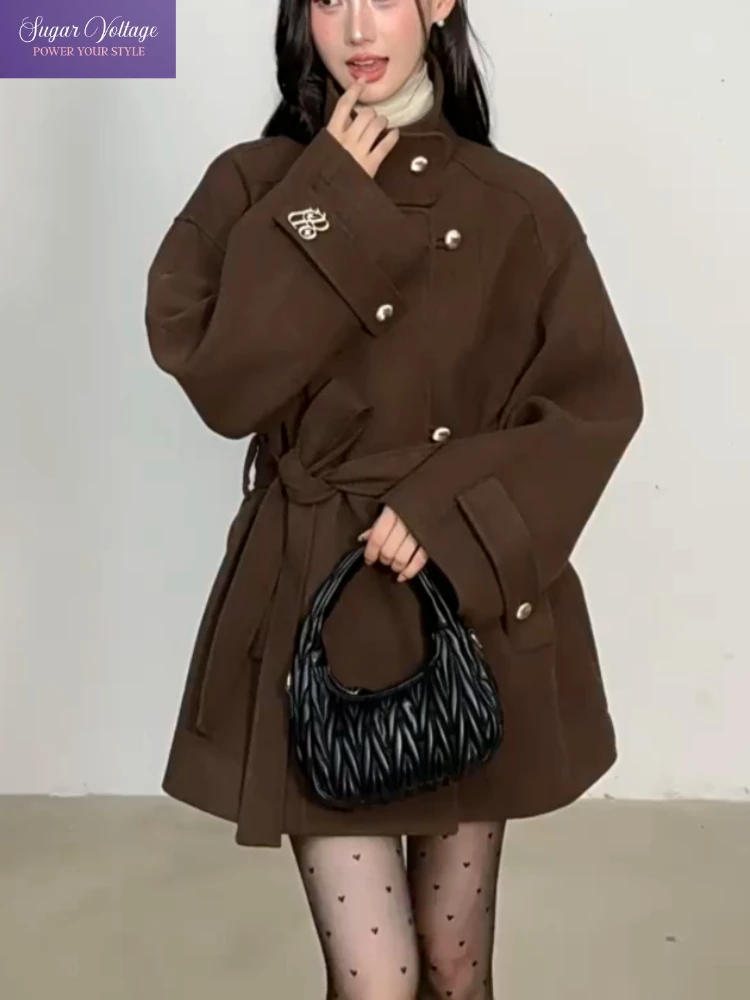 

Корейское модное винтажное коричневое шерстяное пальто, женское осенне-зимнее двубортное шерстяное пальто с поясом на талии, элегантная повседневная верхняя одежда