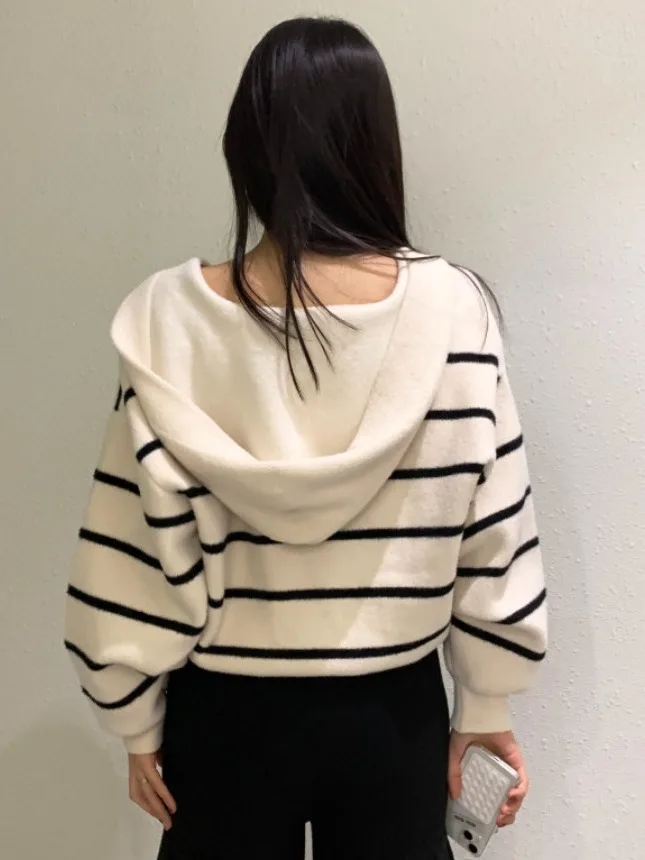 Chic Autumnal Vintage Age-defng Loose Casual Large ket Dstring Long Sve Striped Jaet lavorato a maglia con cappuccio per donna