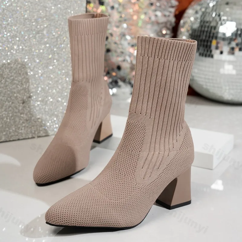 2025 Women Ankle Boots Pointed Elastic Socks Boots Fashion High Heels Autumn/Winter Fashion Booties Lady Shoes New Thick Heeled