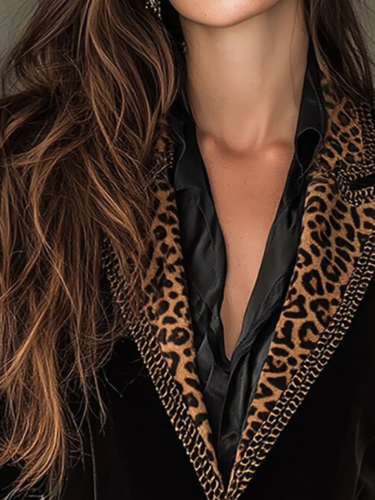 Elegant Velvet Satin Leopard Lapels Women's Autumn Outerwear Jacket Single Buckle Multiple Pockets Fashion Female Blazer Jacket