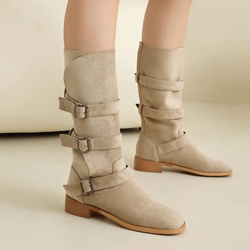 

Новинка 2025, осенне-зимние простые стильные ботинки до середины икры, женские ботинки с пряжкой, женская обувь на массивном каблуке с круглым носком на заказ