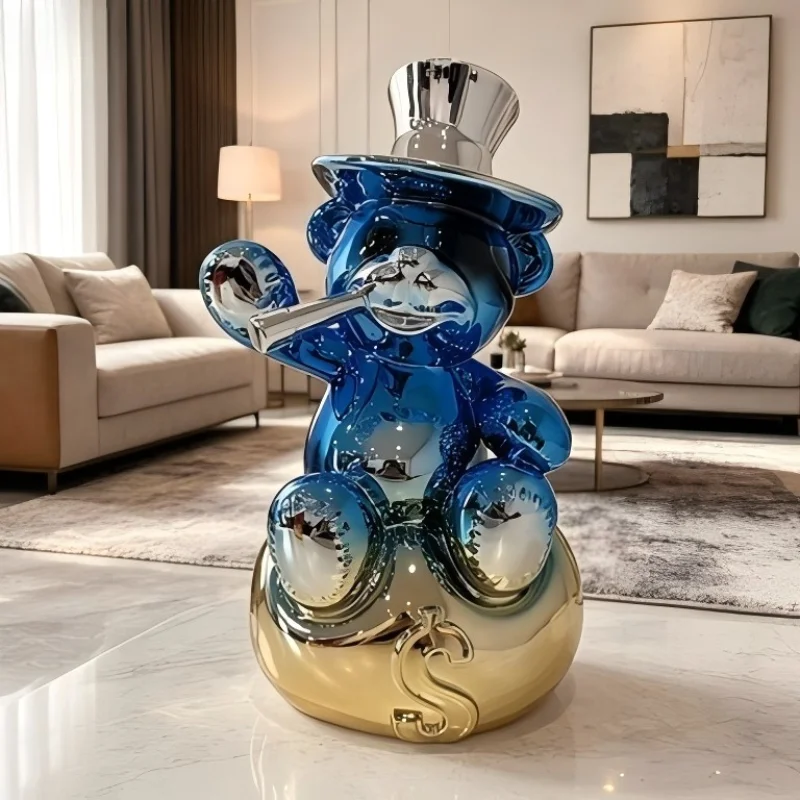 Blue Gradient Bear Decorative Ornament, 35cm, Mirrored, High-tech Style, Home Art Piece, Desktop Art Piece.