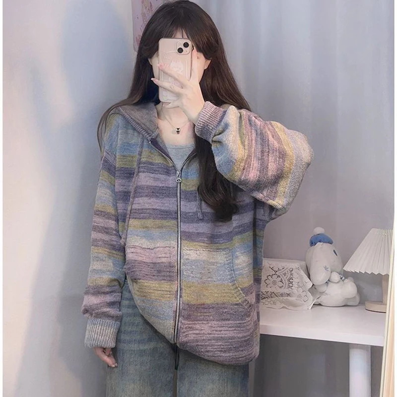 2023 Female Rainbow Hooded Cardigan Coat Autumn Winter New Fashion Stripe Zipper Jacket Women\'s Loose Casual Knitted Outerwear