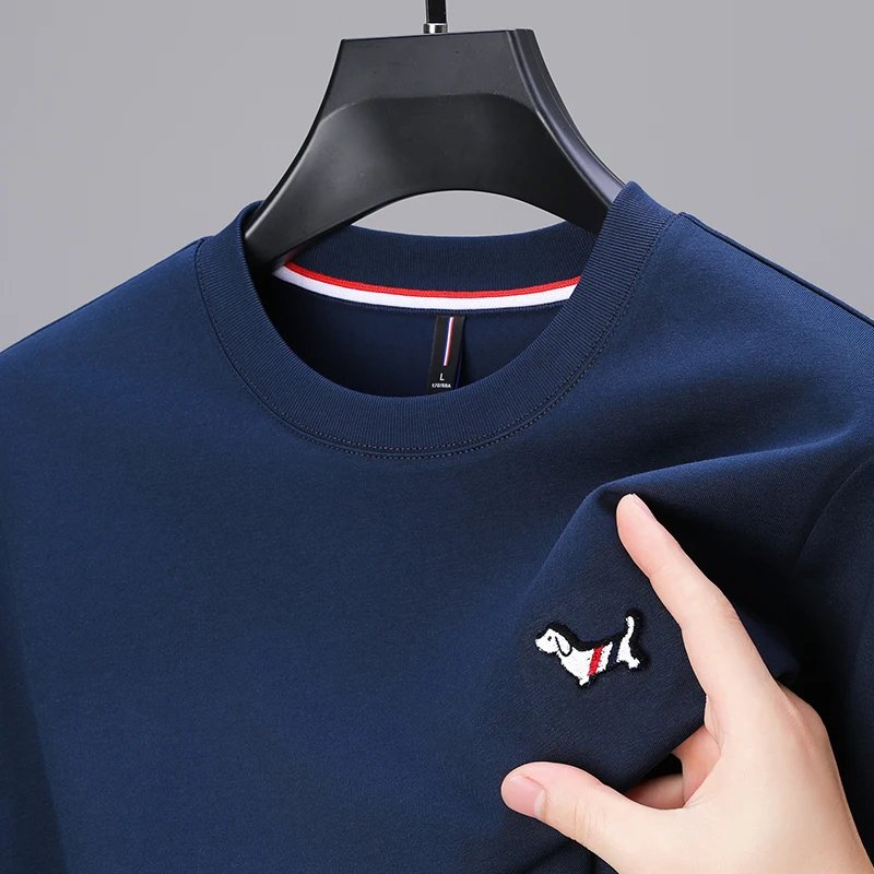 Luxury high-end long sleeved fashionable dog embroidered men's T-shirt round color comfortable breathable casual autumn pullover