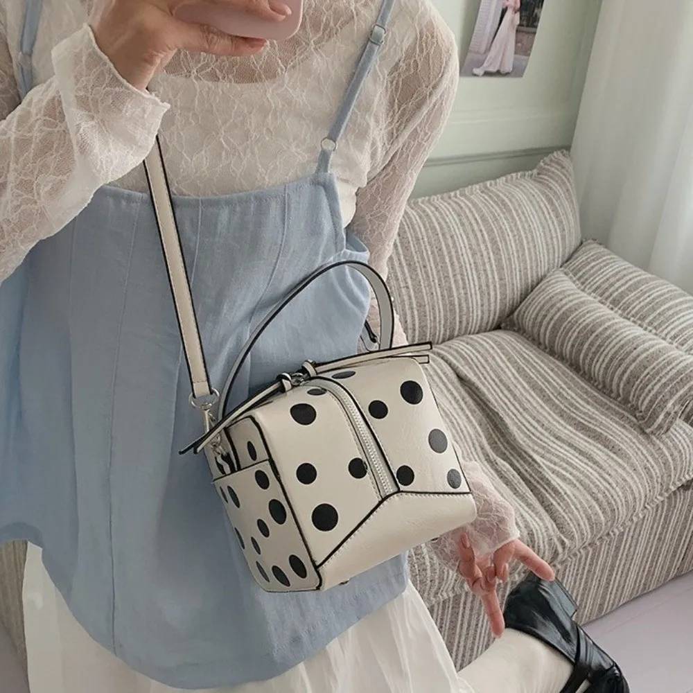 

New PU Polka Dot Handbag Zipper Closure Top Handle Crossbody Bag Small Square Adjustable Strap Tote Bag Commute