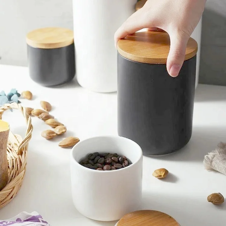 New Design 2023 Cheap Wholesale Matte Black White Kitchenware Tea Sugar Coffee Ceramic Storage Canister Set with Bamboo Lids