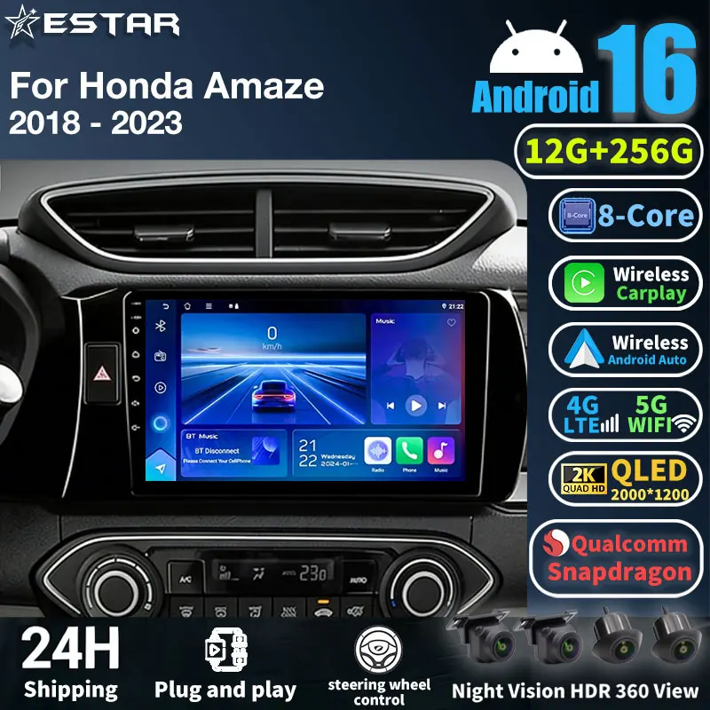 Android 16 Car Radio For Honda Amaze 2018-2023 (LHD) GPS Multimedia Player Navi Head Unit Wireless Carplay Stereo DSP 360 Camera