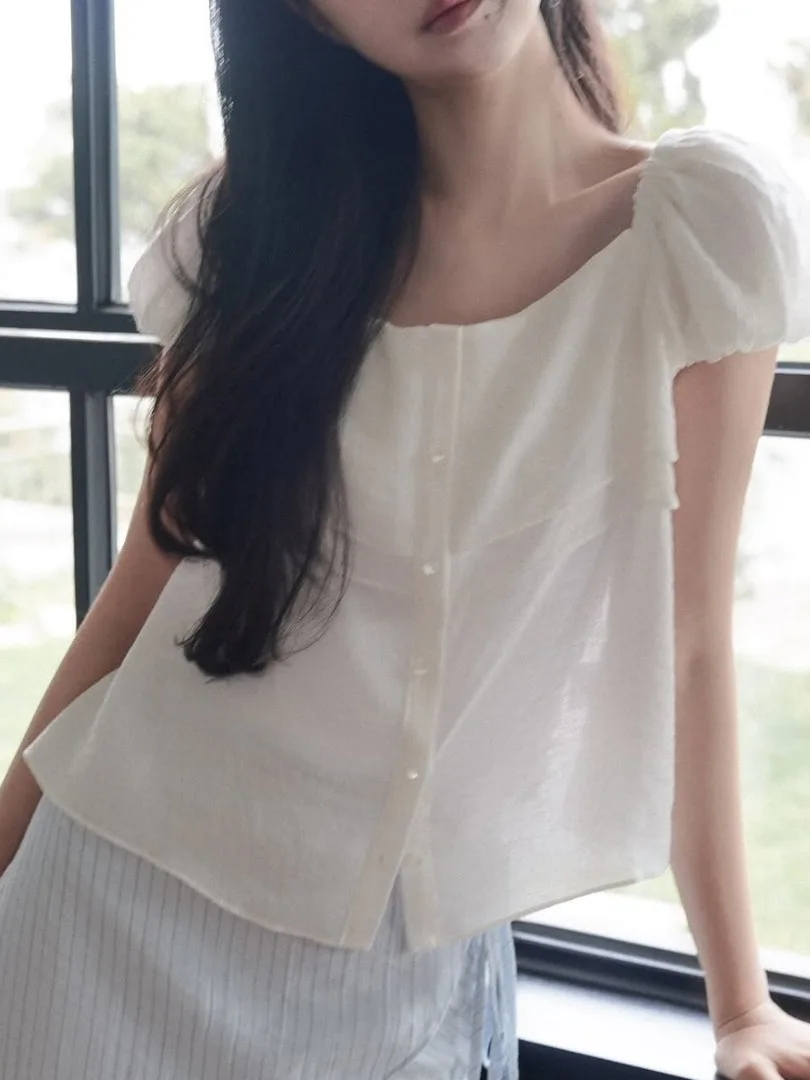 

Korean Style Square Collar Layered See through Single Button Short Sleeve Shirt Women's Summer New Sweet Bubble Sleeve Blouse