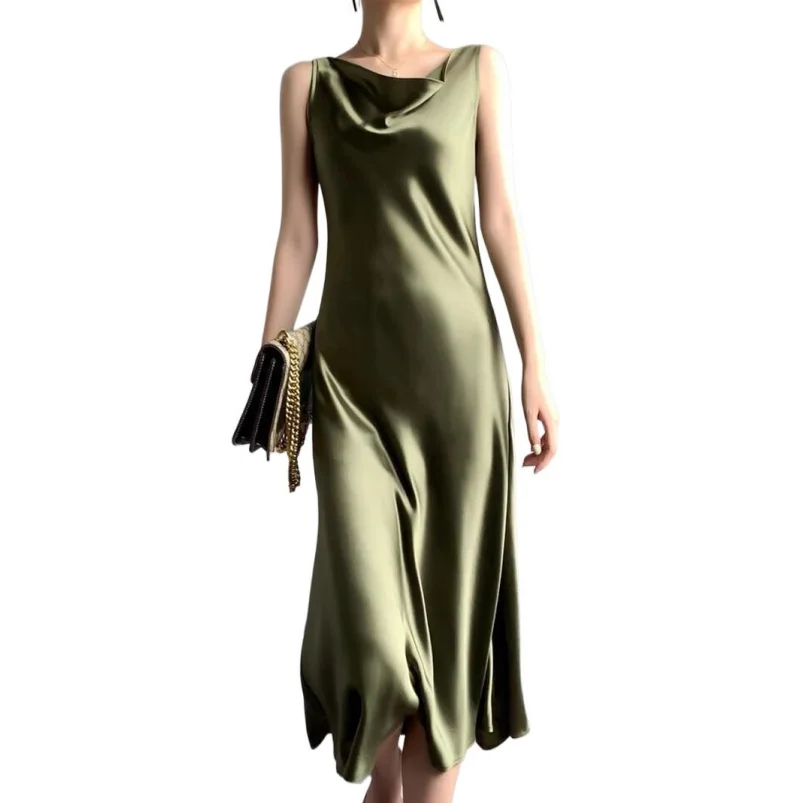 2024 Fashion Sleeveless Summer Long Dress Elegant Women Sexy Satin Tank Dresses Solid Ice Silk Vintage Slim Dress Vestidos