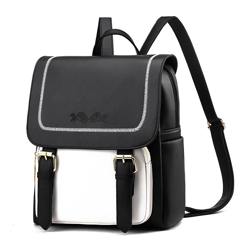 Casual Front Zip Flap Backpack, Fashion Two Tone Faux Leather Shoulder Zipper Bag For School