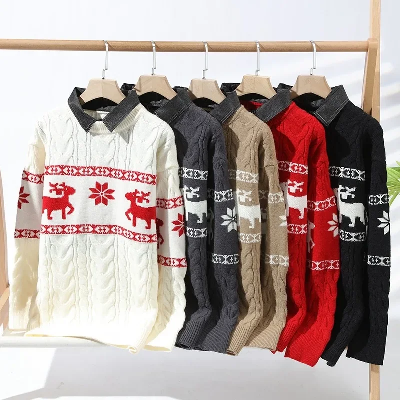 Christmas Clothing Men Sweaters Reindeer Pattern Long Sleeve Polo Neck Xmas Holiday Loose Knitwear Sweater Man Jumper Pullover