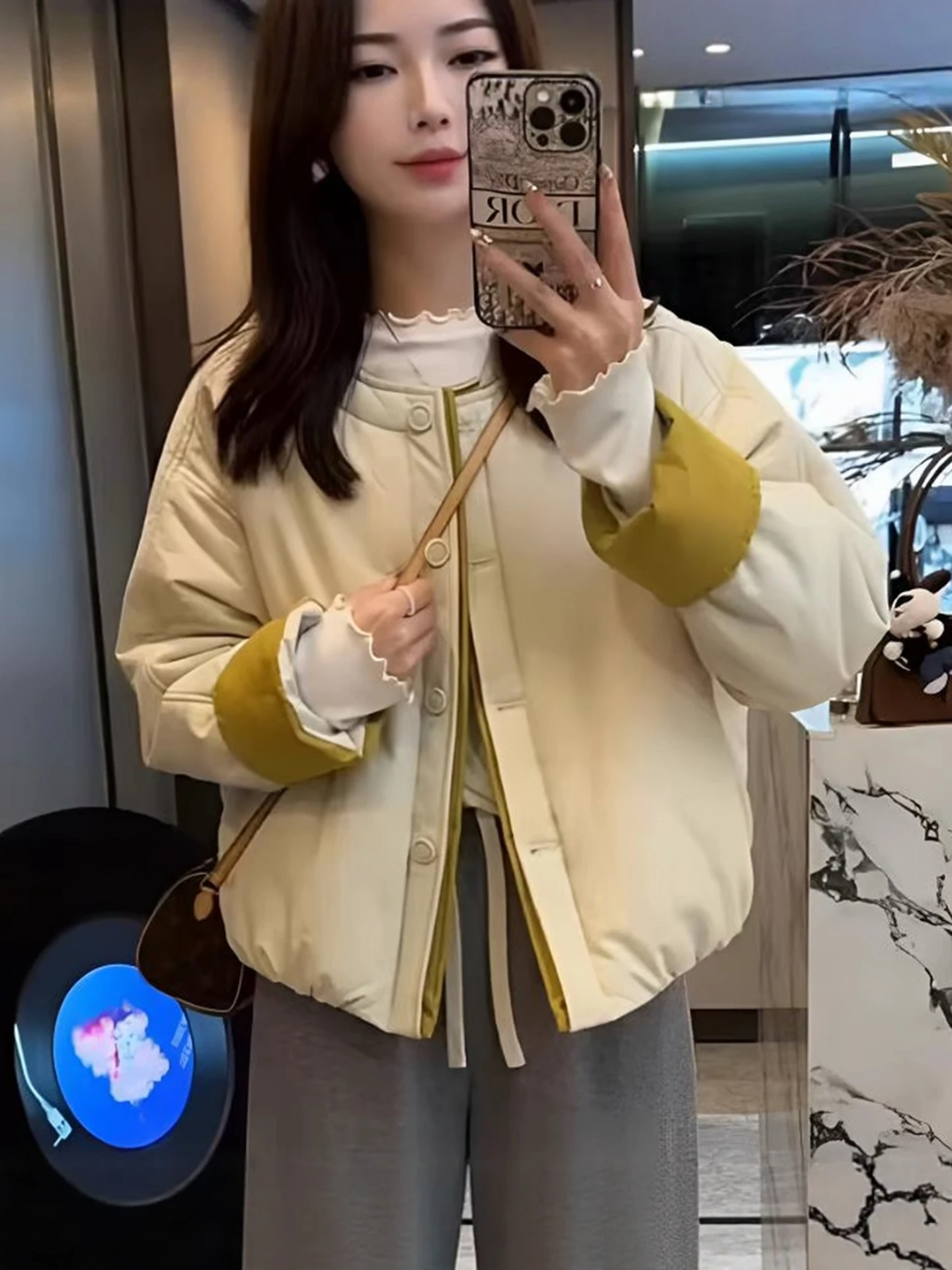 

Korean Style Casual Cotton Jacket Women's Short 2026 Autumn Winter New Small Size Color Block Slimming Fashionable Cotton Top