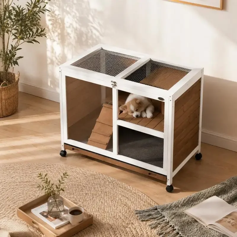 Cage à lapins en bois massif avec roues, enclos pour petits animaux à deux étages avec toit ouvrant, cage pour animaux de compagnie intérieure/extérieure pour jardin, patio, balcon, 91,5x53,3x73 cm, marron
