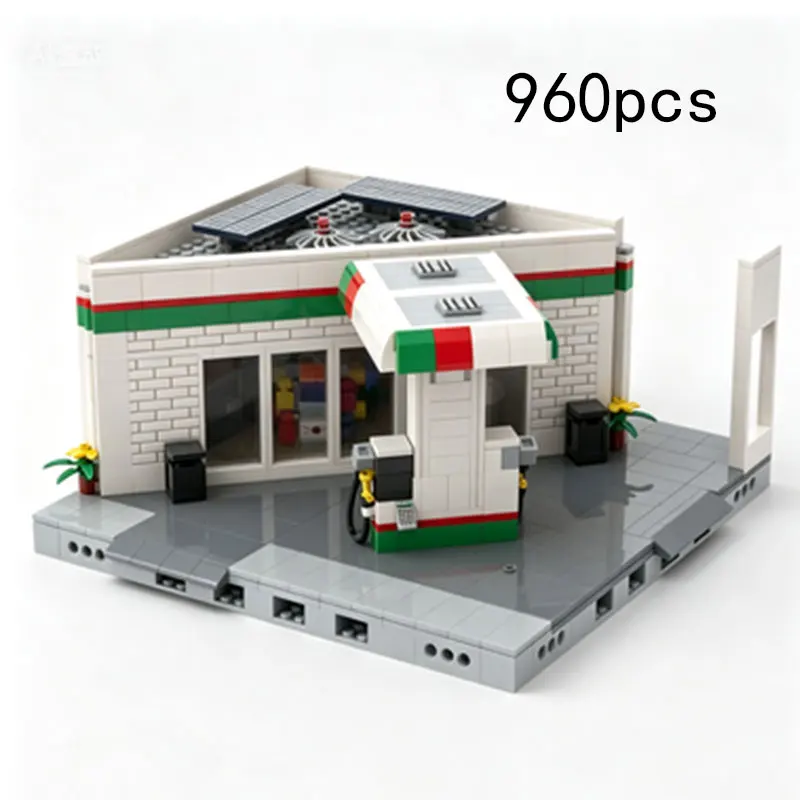 MOC 960pcs Small Particle Building Blocks City Street Corner Gas Station Convenience Store Architectural Model Toy Gift