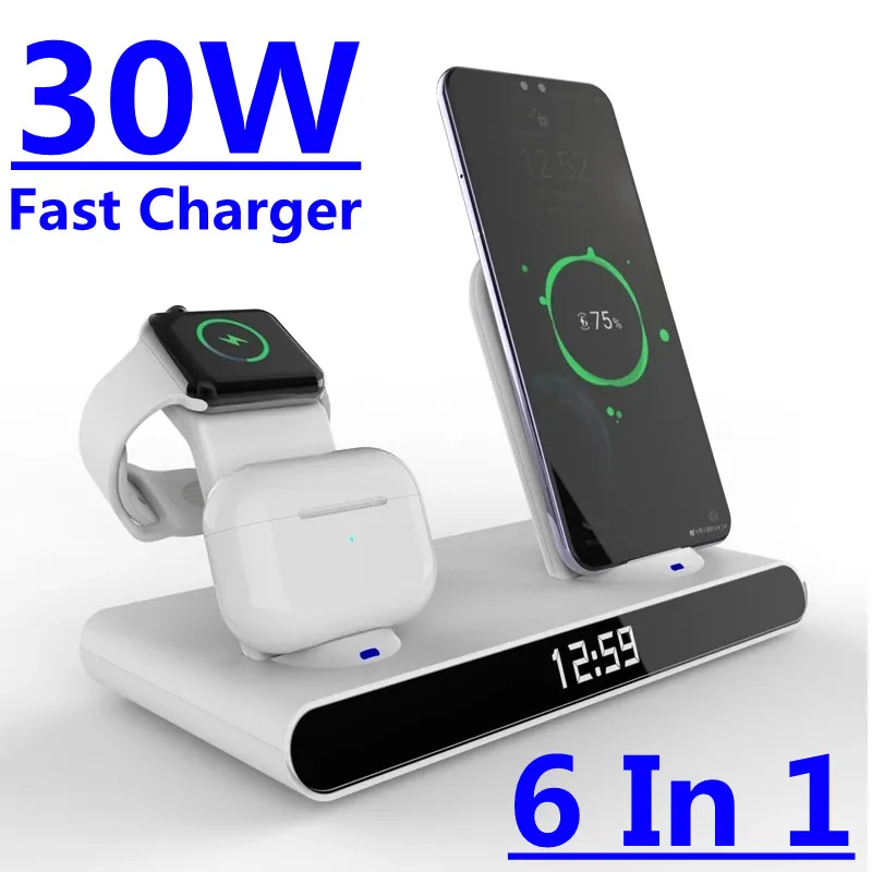 

6 in 1 30W Fast Wireless Charger Clock Pad for iPhone 13 12 11 Pro Wireless Charging Stand Qi for Apple Watch 7 6 SE AirPods Pro