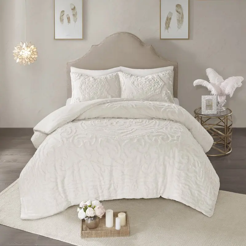 3 Piece Cecily Medallion Tufted Chenille Comforter Set, White, Full/QN