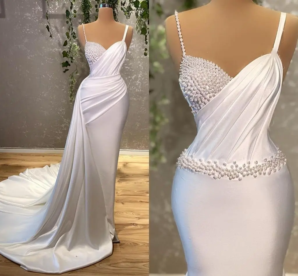 White Evening Dresses Sleeveles Sexy V Neck Pearls Beaded Celebrity Satin Mermaid Modern Prom Dresses Celebrity Custom Made