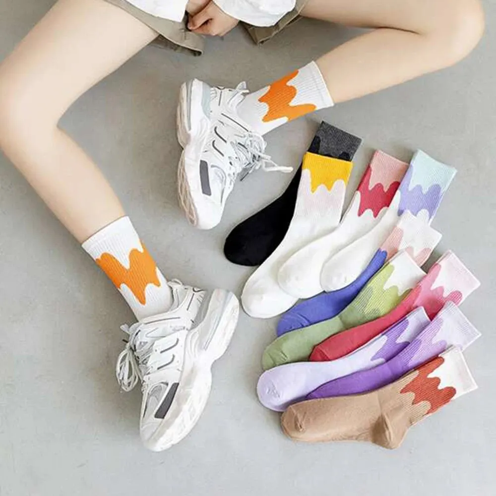 3 Pairs Women's Colorful Short Socks Fashion Sweet Dopamine Color Wave Stripe Soft Girl's Mid Length Socks 3 Pairs Random Colors