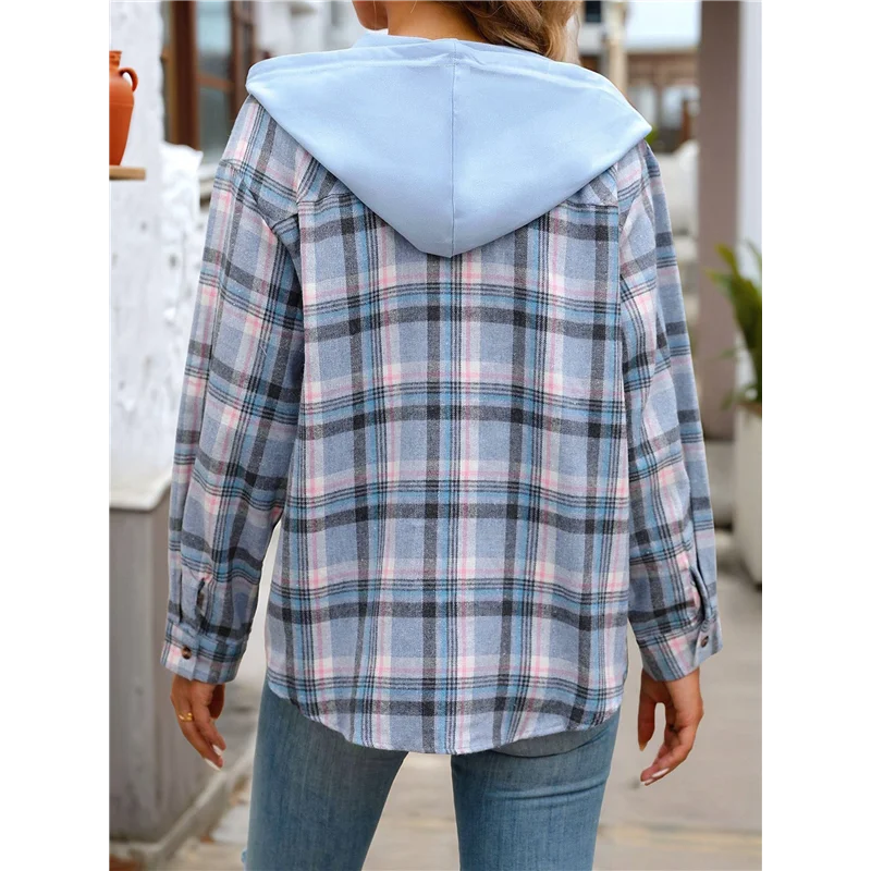 

AOAO-Women's Buffalo-Plaid Hoodie Long Sleeve Jacket Button Drawstring Casual Fall Shirts With Pocket