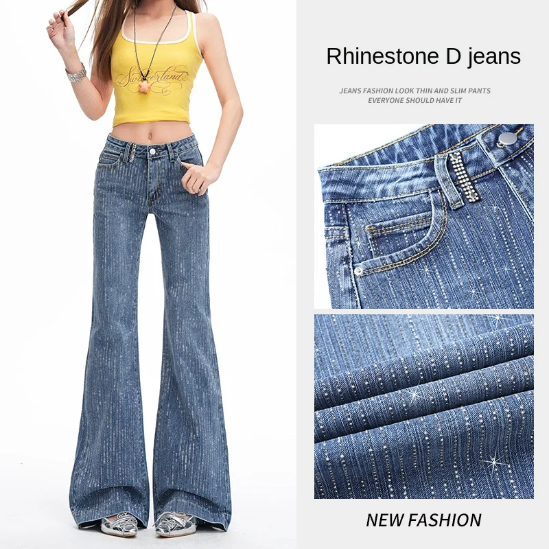 Women's Retro Rhinestone Wide Leg Jeans Loose Fitting Floor-Length Glitter Design Y2K Korean Style Casual High Waist Denim