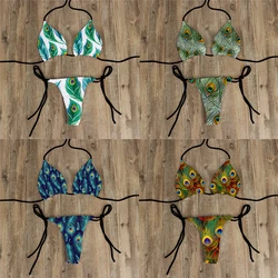 Bikini con estampado de plumas de pavo real para mujer, dividido en V profundo con encaje traje de baño, bañador sexy para surfear y vacaciones en la playa