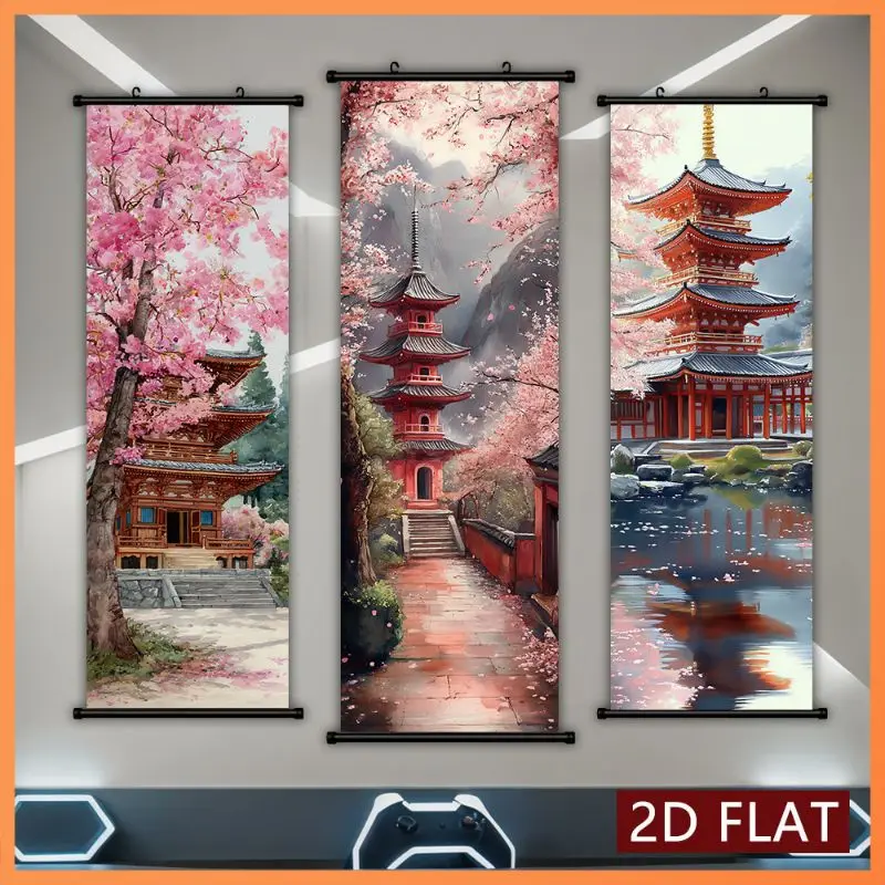 VIKAMA Pink Cherry Blossom Pagoda Wall Tapestry Red Tower Water Reflection Japanese Scroll Art Home Decor Lovely Gift Soft Cozy