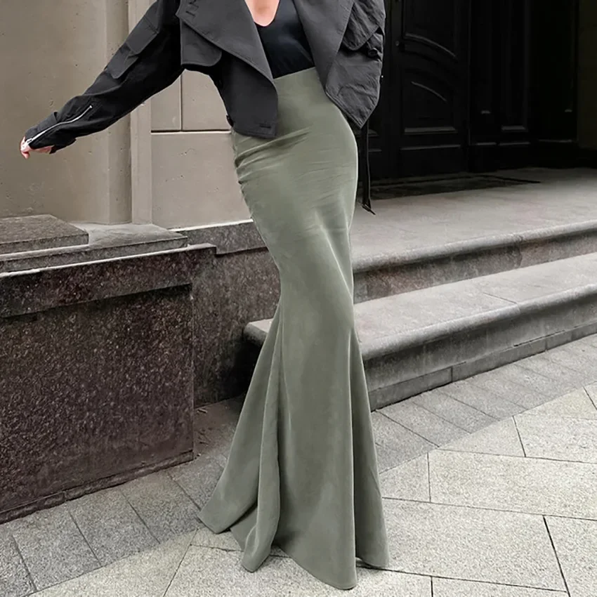 Early Spring Fashion High Waist Oblique Cut Fishtail Long/Acetic Acid Half Length Skirt Elegant and Comfortable Long Skirt