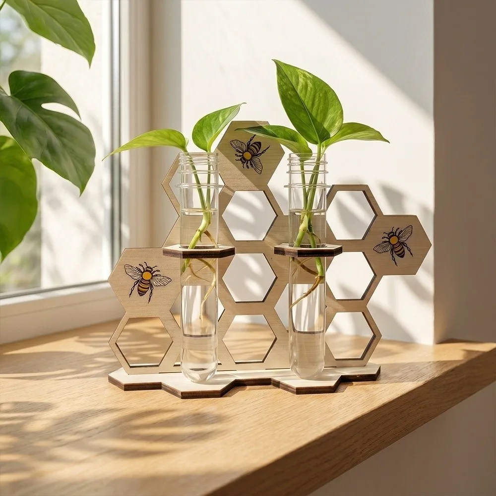 Wooden Hydroponic Plant Holder Hollow Out Geometric Wall Mounted Planter Vase Wall Decoration Water Plant Stand Indoor Plants