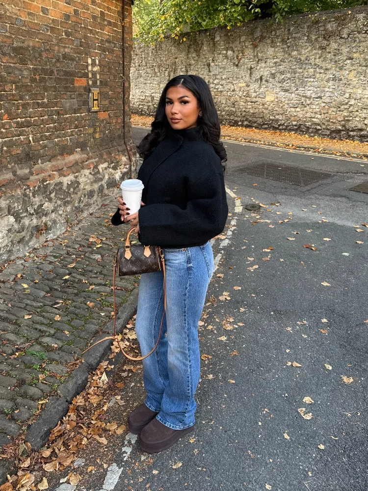 

Chic Black Short Kintted Cardigan Lady Fashion Stand Collar Full Sleeve Pocket Loose Sweater Women Commute Street Cardigans