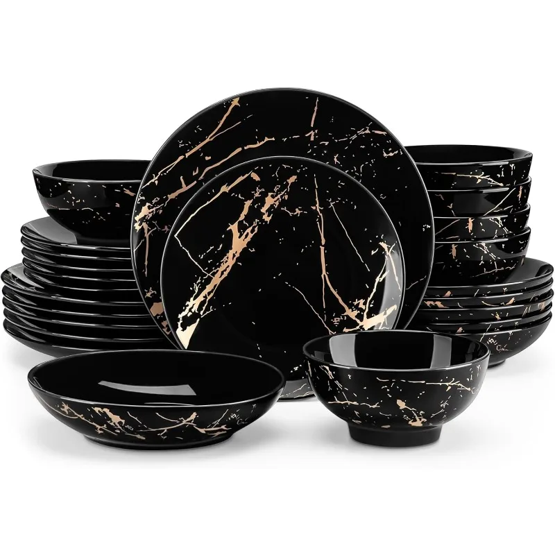 Plates and Bowls Sets for 6, 24 Pieces Porcelain Dinnerware Sets, Black and Gold Dish Set Gold Splash Dishware Sets, Dishwasher