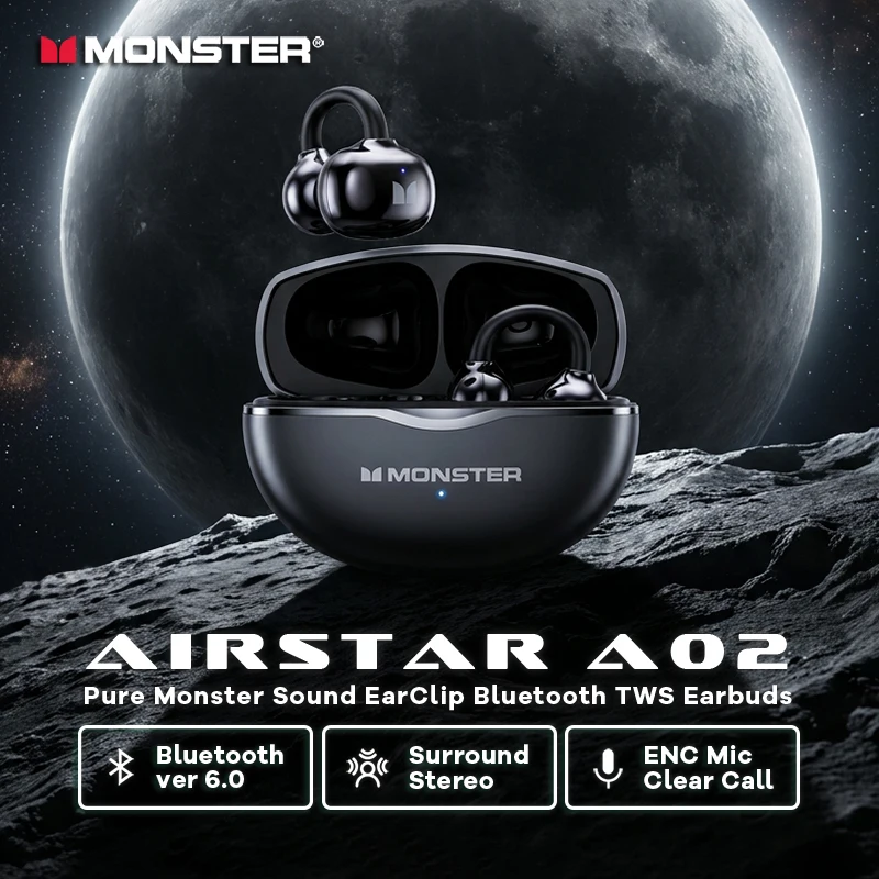 Écouteurs Bluetooth 6.0 Monster Airstar A02 OWS à Clip d'Oreille, Stéréo HiFi, Sport, Conduction Aérienne Ouverte, Écouteurs Sans Fil TWS