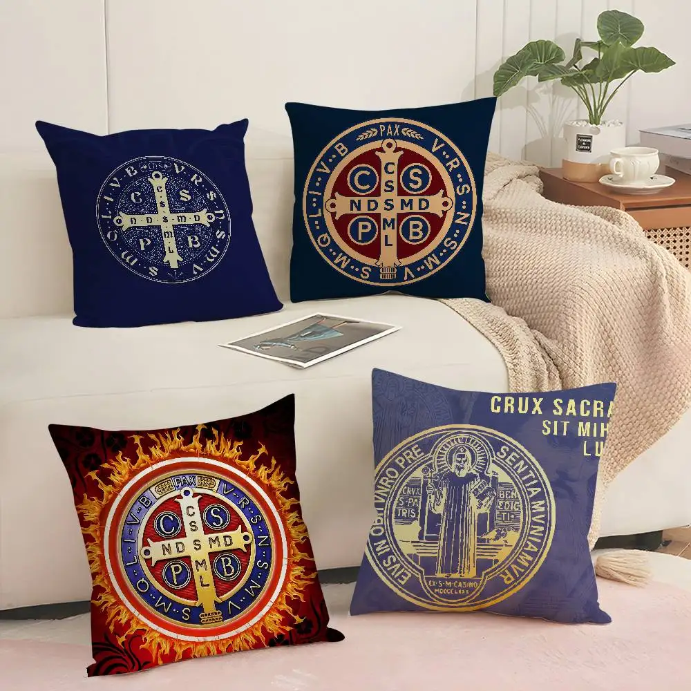 S-Saint B-Benedict Medal Pillow Case Sofa Decorative Home Double-sided Printing Short Plush Cushion Pillow Cover Holiday Gift