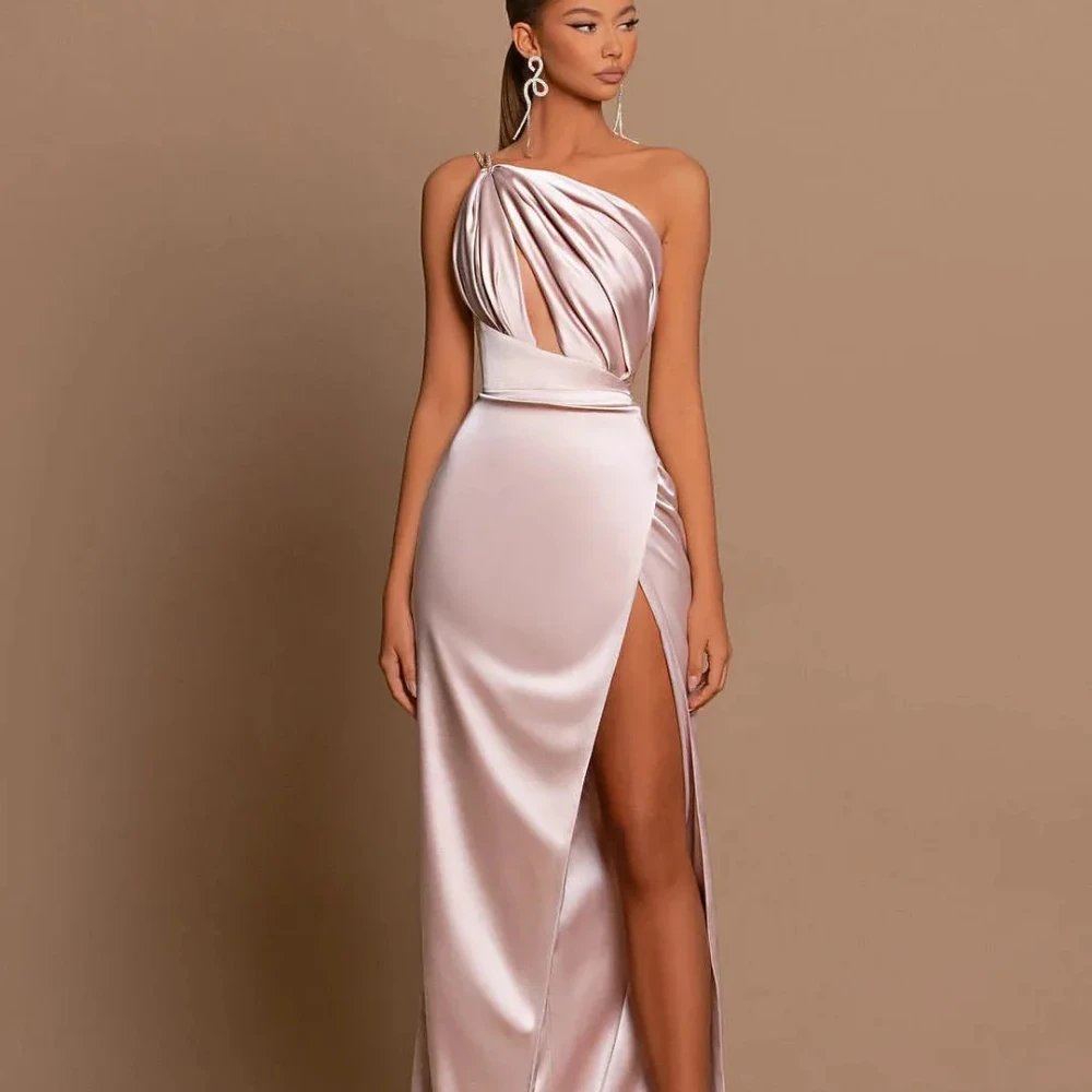 Blush Pink Bridesmaid Dress 2024 New Sexy Slim Thin Shoulder One Shoulder Slit Evening Dress Long Women Occasion Wear