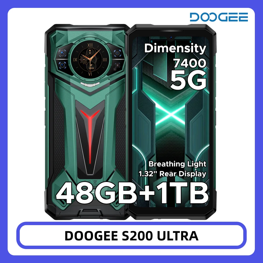 Teléfono Resistente DOOGEE S200 Ultra 5G, 48GB+1TB, Efecto de Luz, Pantalla Trasera de 1.34'', Dimensity 7400, Batería de 11000mAh, 66W, NFC, Smartphone