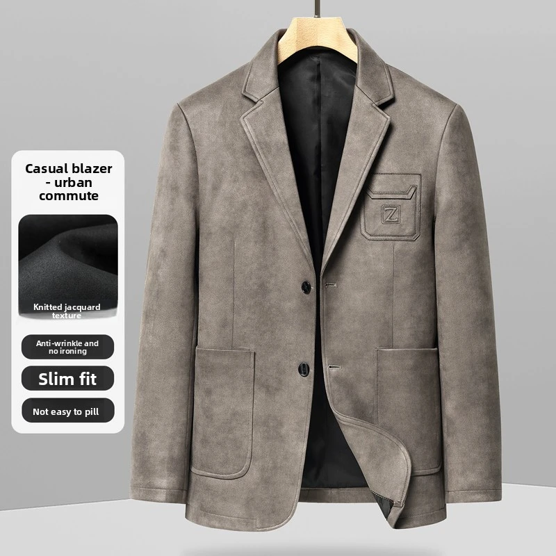 Men's Suede Texture Slim Fit Blazer Jacket, Two Button Notched Lapel Anti Wrinkle Business Casual Embroidery Pocket Suit Coat