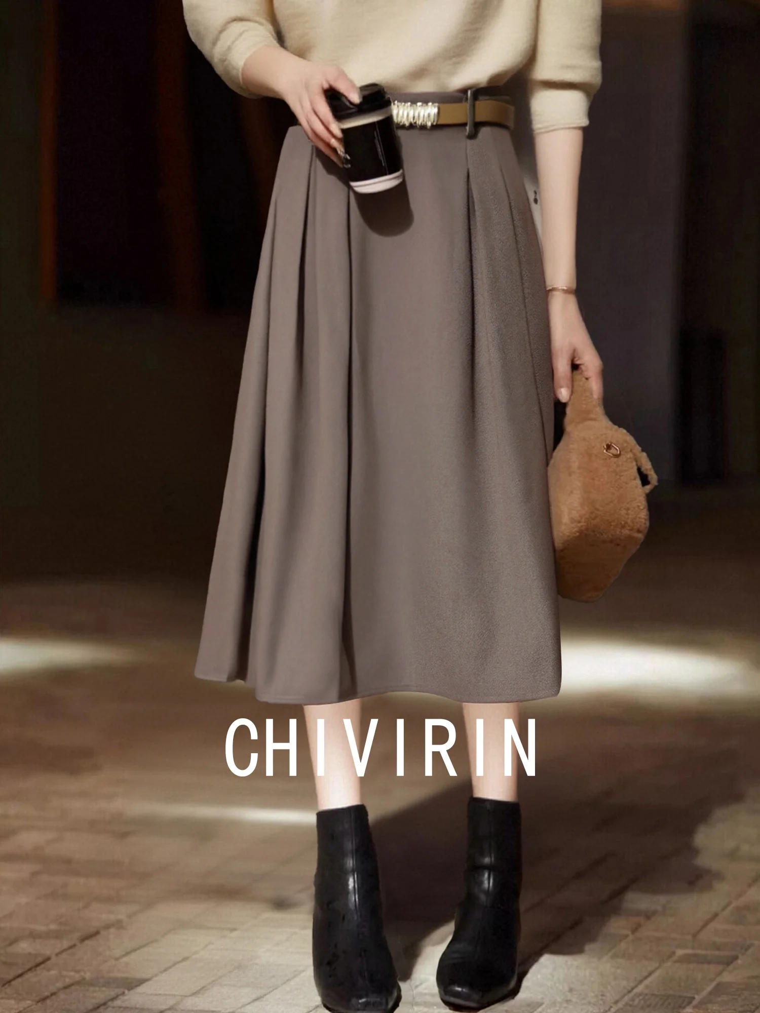 

Элегантная шерстяная юбка А-силуэта для женщин, осенне-зимняя, средней длины, класса люкс, стройнящая, универсальная, с высокой талией