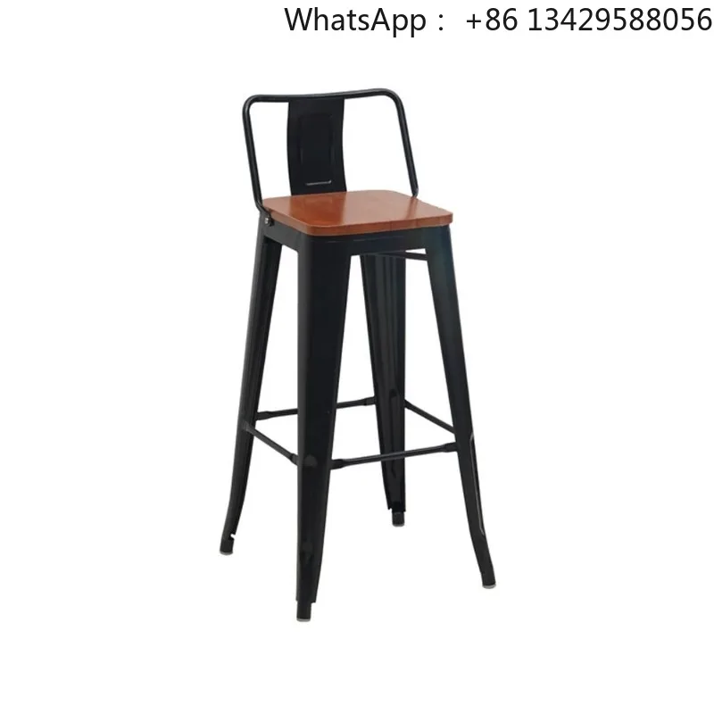 High-quality iron metal stacked bar stools with wooden seats, colorful industrial kitchen high-back bar chairs