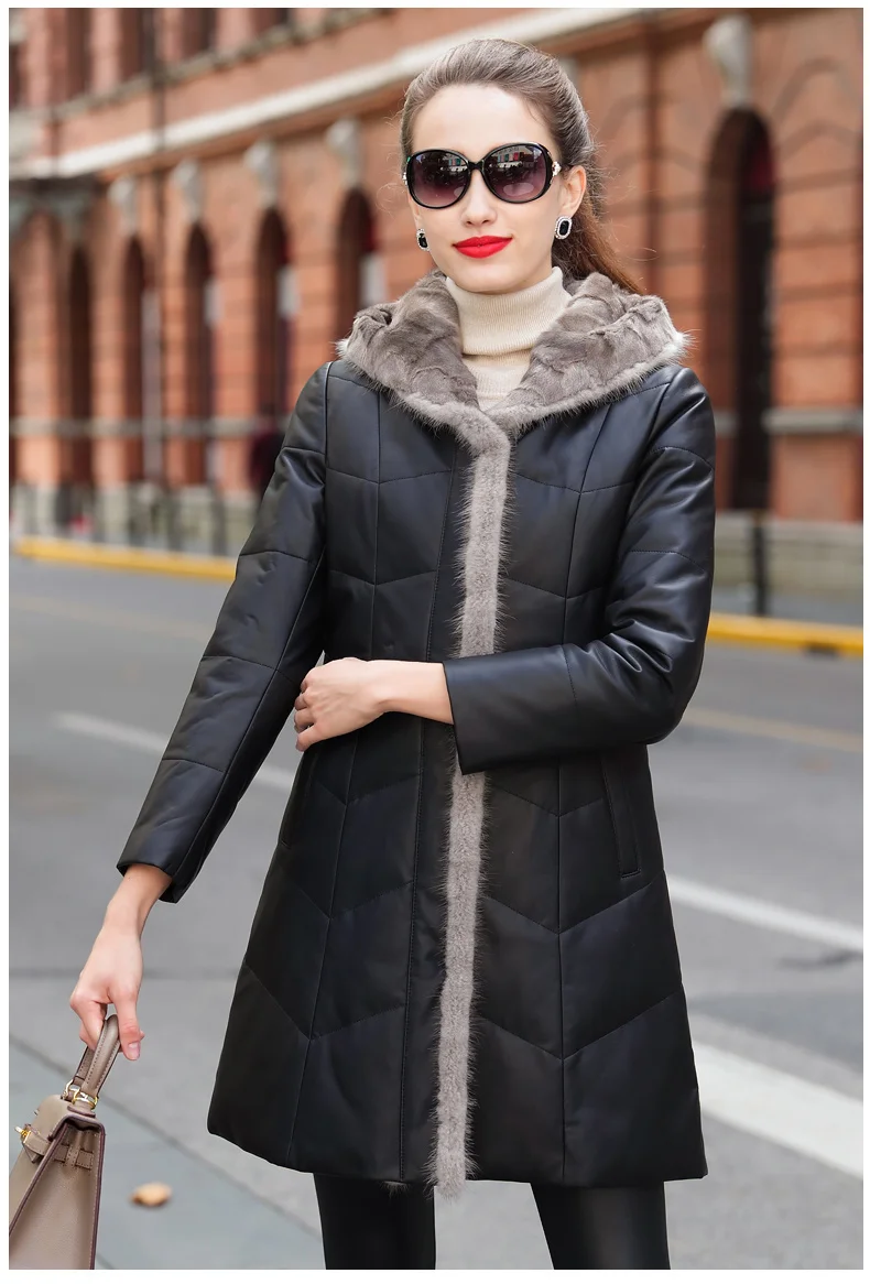 

2024 Real Leather Jacket Women Mink Fur Collar Hooded Women's Winter Down Jackets Sheepskin Coat Female Veste Femme