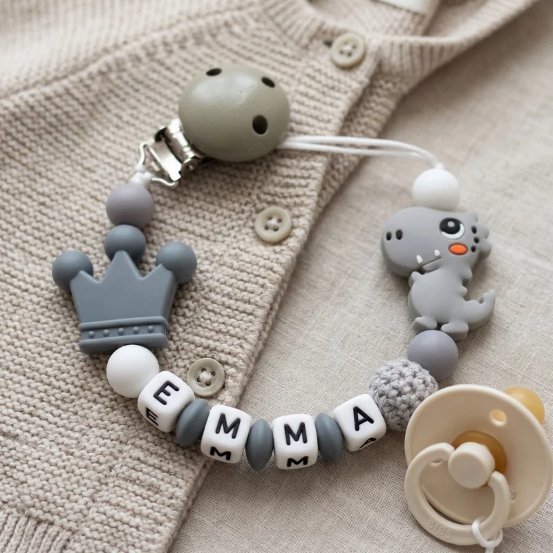 2026 Personalized Pacifier Clip Custom Name Silicone Beads Baby Teether Chain Holder Crown Soother Clips BPA Free Shower Gift image 4
