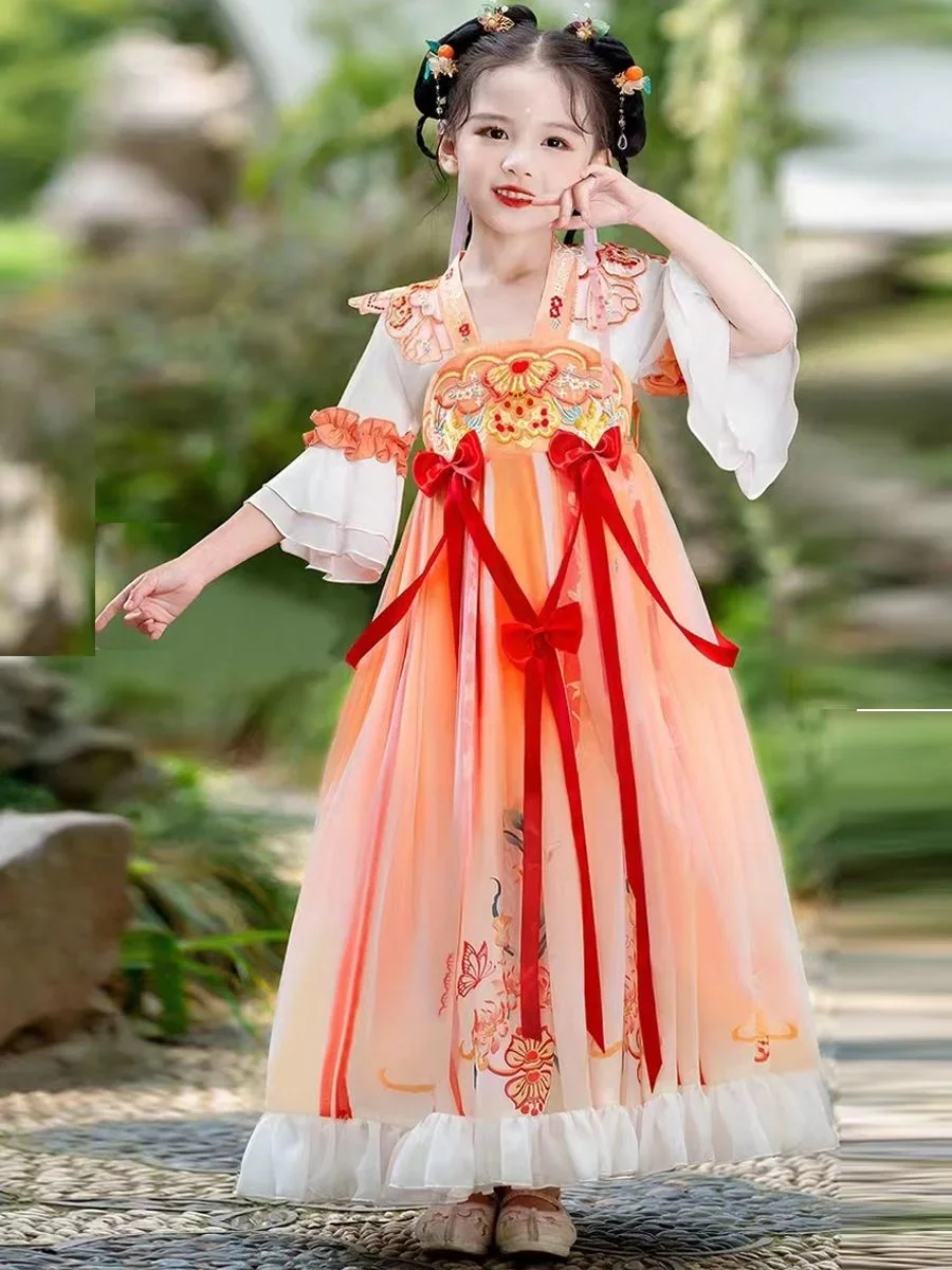 New Orange Hanfu Girls' Dress Spring Fashion Chinese Style Ancient Skirt Super Immortal Children's Princess Skirt