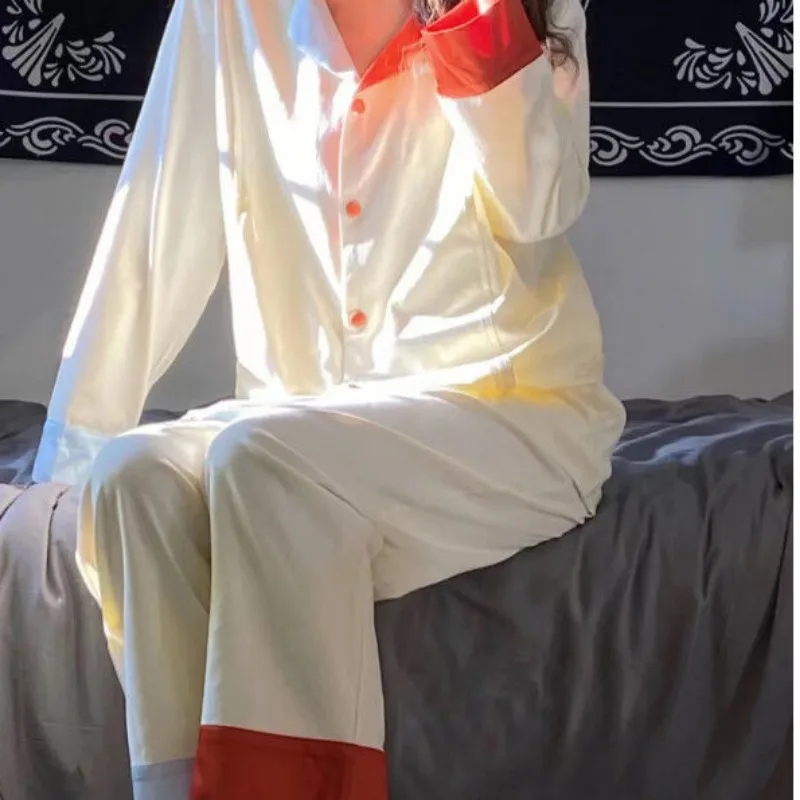 2024 Korean Version Color Matching Pajamas Women Spring Long Sleeve Pyjamas Lapel Breasted Home Wear Set Casual Loose Sleepwear
