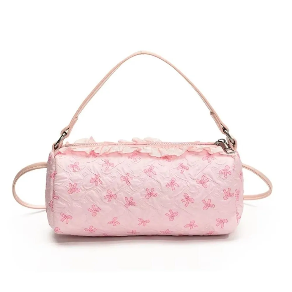 

Luxury Designer Lace Crossbody Bag Floral Print Nylon PU Leather Bowling Tote Bag Bowknot Women's Handbag Girls