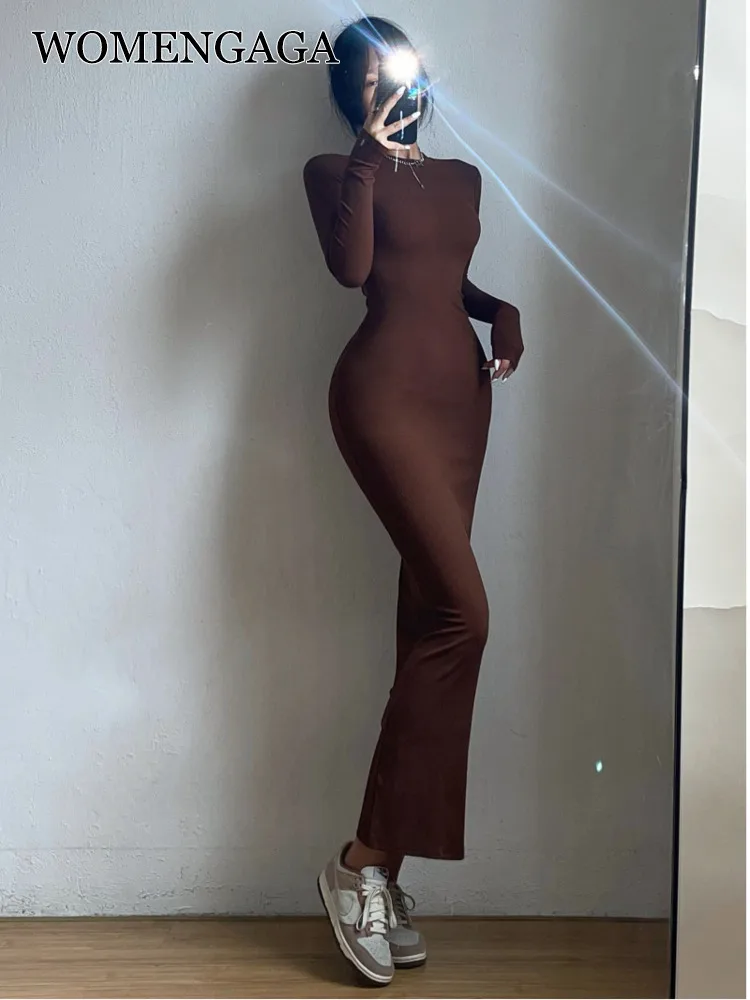 WOMENGAGA Simple Maxi Long Dress Round Neck Long Sleeve Tight Slim Maxi Dresses Elegant Fashion Korean Women Robe DEH8