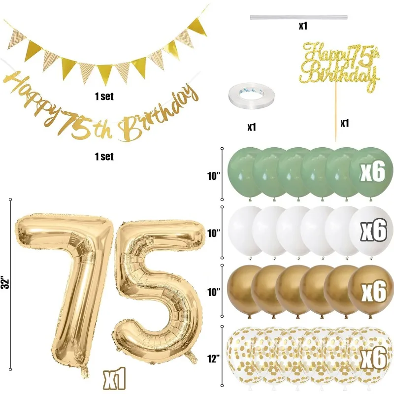 Sage Green Gold White 75th Birthday Decoration for Birthday Balloons Happy 75th Birthday Banner 75 Cake Topper 70 Year Old Decor