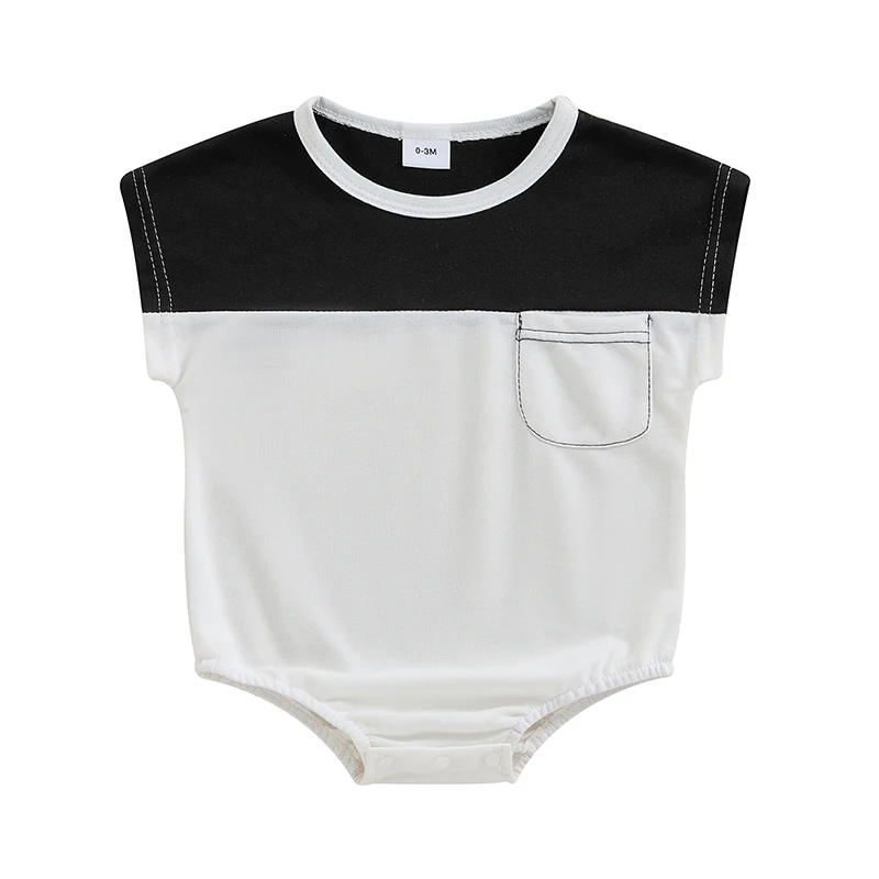 Infant Baby Boy Summer Jumpsuit Contrast Color Round Neck Cap Sleeve Pocket Romper