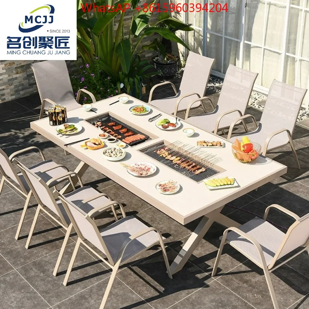 Outdoor BBQ Table Carbon Grill Cast Aluminum Table and Chair Open-air Garden Garden Wrought Iron Household Outdoor Leisure