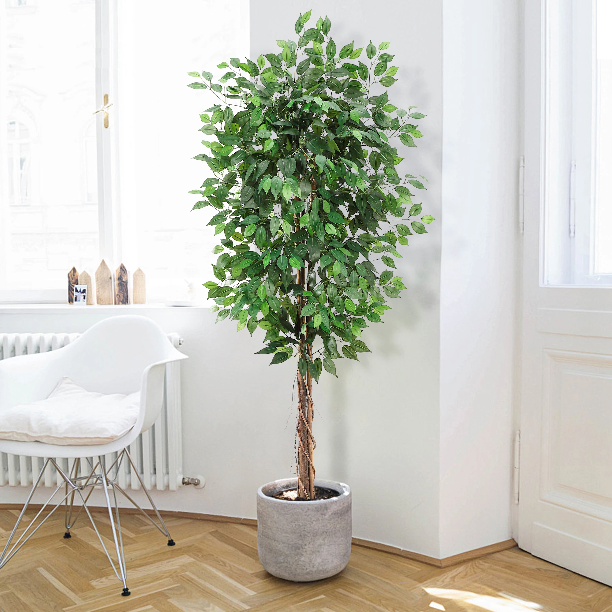 Artificial Ficus Tree,Tall Fake Ficus Silk Tree with Natural Wood Trunk in Plastic Nursery Pot for Indoor Outdoor Home Decor