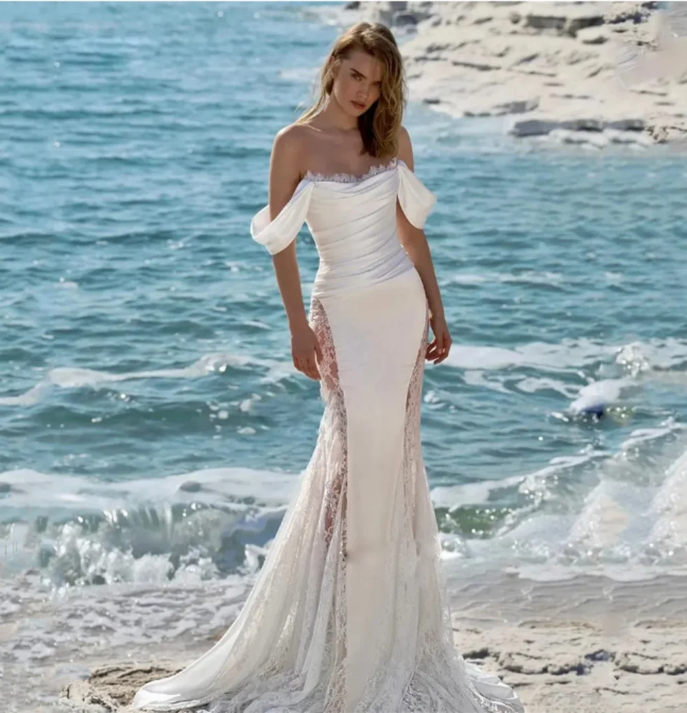 Hermoso vestido de novia con hombros descubiertos, vestido de sirena de satén de encaje hasta el suelo, tren de barrido, novedad de 2024